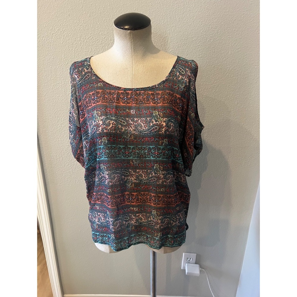 American Dream Women's Medium Paisley Boho Dolman Sleeve Sheer Blouse Multicolor